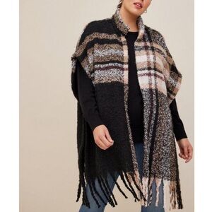 Torrid Black Tan Plaid Fringe Ruana Wrap Open Front Cardigan Sweater Poncho